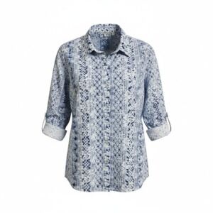 JOHN MARK Blue White Geometric Print Embroidered Button Up Shirt Size 3X